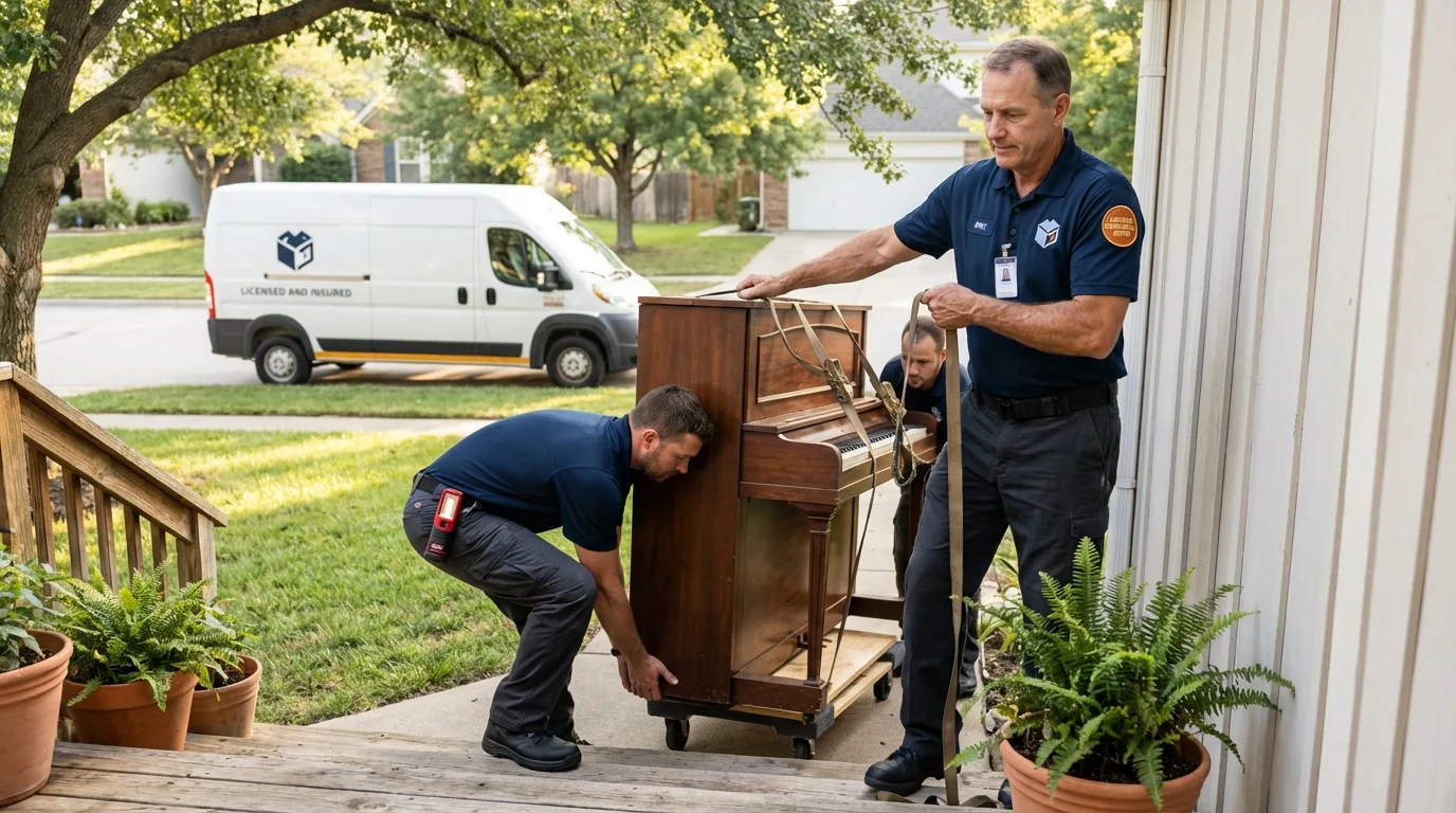 Licensed piano movers securing grand piano in Riverton, NJ