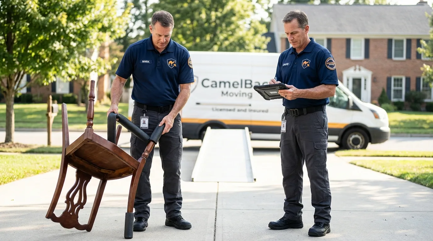Movers inspecting furniture for damage prevention before loading in Riverton, NJ