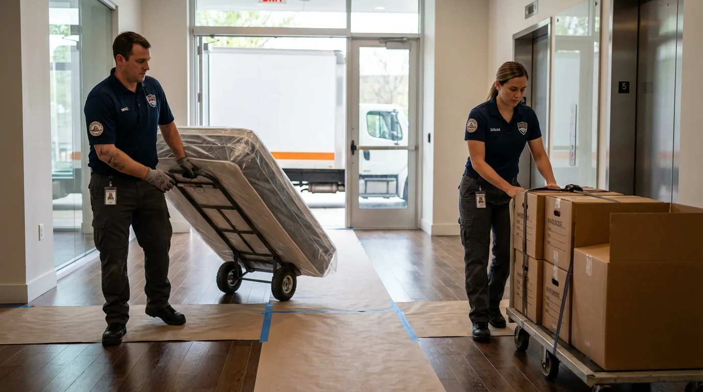 Professional apartment movers loading elevator in Riverton, NJ